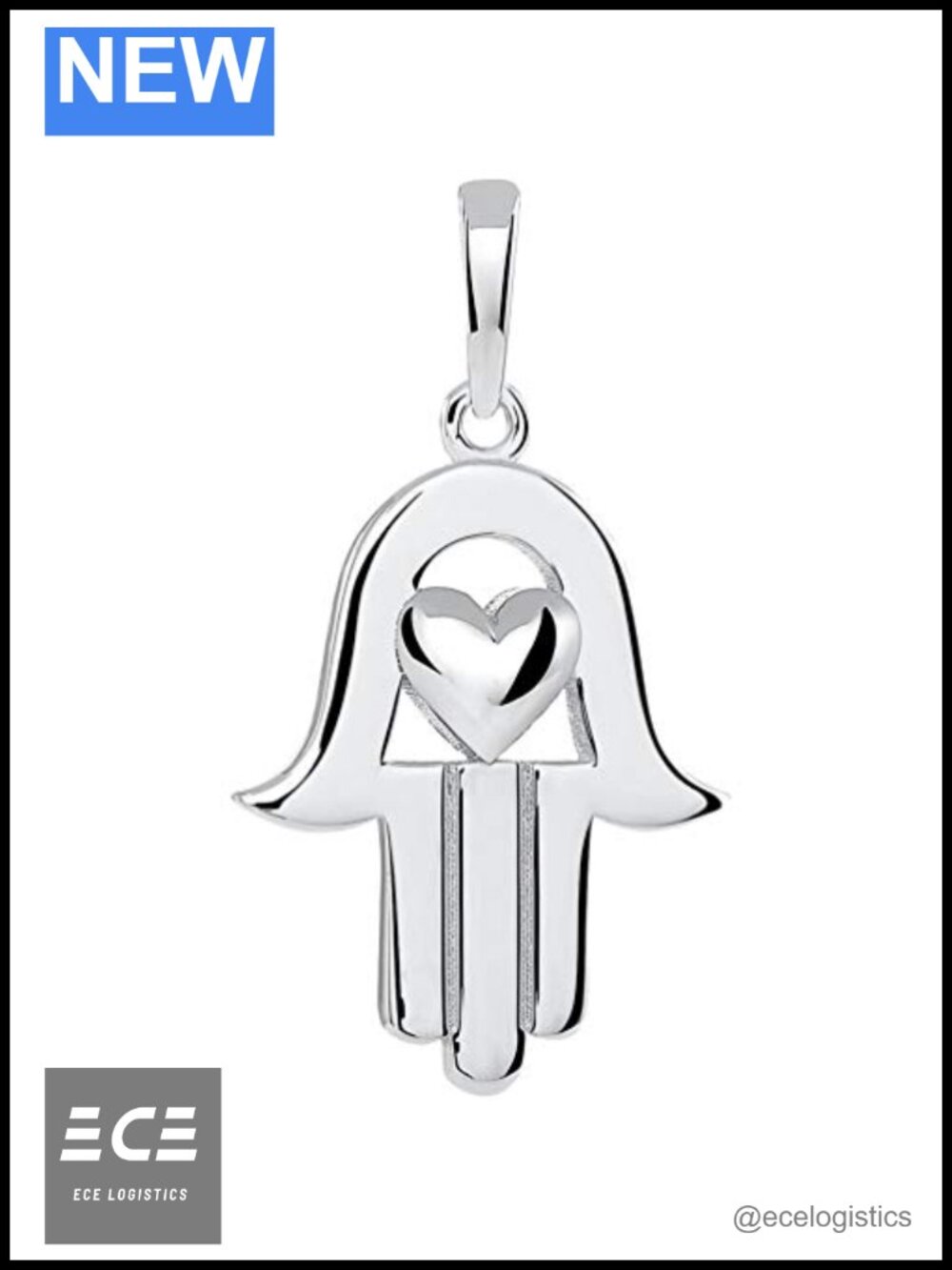 14k White Gold Polished Hamsa Hand of Fatima with Heart Pendant